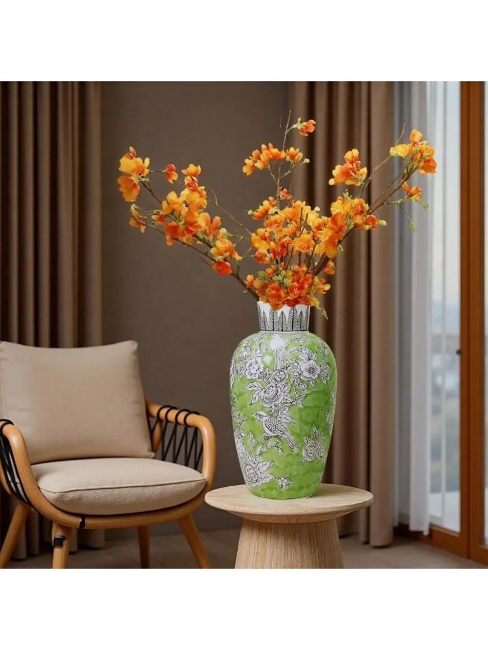 Hand-Painted Green Ceramic Floral-Bird Vase - 13” Decorative Home Accent
